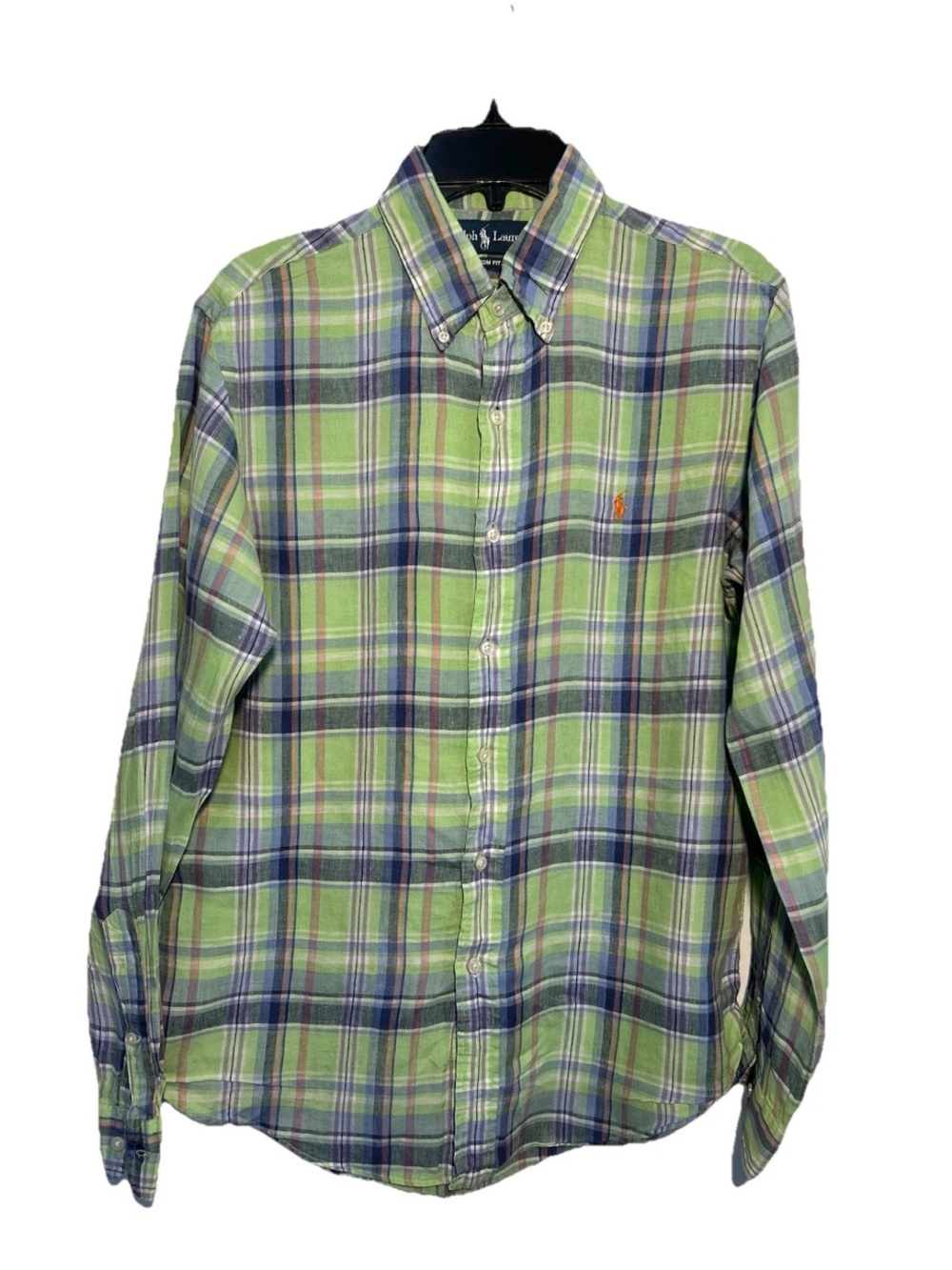 Polo by Ralph Lauren Green Plaid Button-Down Shirt M Custom Fit 100% Linen